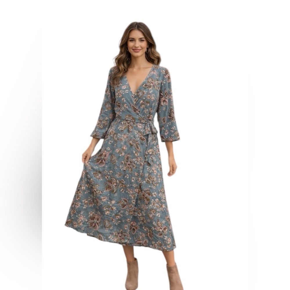 Suzanne Betro Blue Floral Wrap Dress Boho Midi Size M